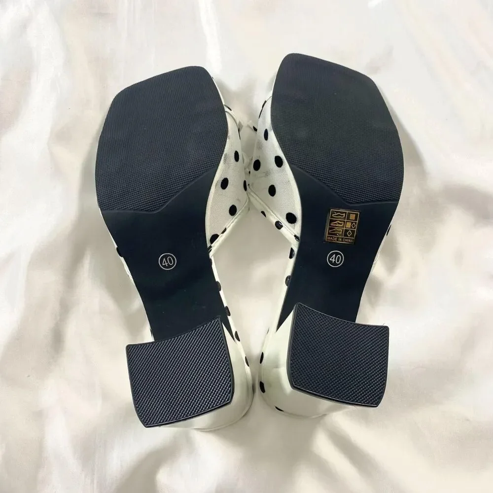 NWOT Euro Coquette Preppy Square Toe Mesh Polkadot Block Heel Sandals US 9
